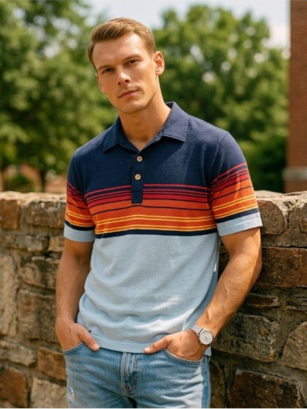 Style Works Vintage 70s M Striped Polo Shirt Navy Blue Retro Sunset Casual Rare